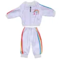 Close-up of doll sports tracksuit set with colorful rainbow stripes and zipper jacket. - Tops / White Rainbow Stripe (Q18-918)