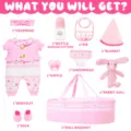 18 inch doll bassinet and clothes set with various cute accessories for toy dolls. - Pink Sleeping Basket Combo / For 18 Doll