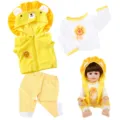 Detailed view of the cute lion doll clothes set, including hoodie, top and striped pants. - Set / 22 Inch / Yellow