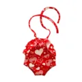 Detailed view of red summer swimsuit with white hearts pattern for 45cm American girl dolls. - Red White Heart Ruffle Style (Q18-395) / For 18 Inch Doll
