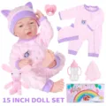 Ensemble de poupée reborn de 15 pouces avec tenue chat rose, biberon et jouet en peluche. - TM-016 Ensemble de poupées / Poupées de 15 pouces