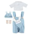 Detailed view of cute blue corduroy doll overalls set with striped top, hat, and bunny pocket. - Striped Overalls Set (Q18-983)