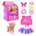 Set zaino da campeggio per bambole da 18 pollici con cucciolo in peluche e vestiti - Campeggio Esterno Animale Gonna Arcobaleno Set (DP-264) / Bambola Non Inclusa