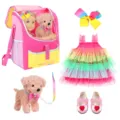 Set di abiti per bambole da 18 pollici con zaino vestito scarpe e cagnolino di peluche - Abito a Strati Arcobaleno Cane di Peluche Set (DP-266) / Bambola Non Inclusa