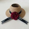Miniature doll straw hat with red camellia flower and ribbon, perfect fashion accessory. - For 17CM Doll / Red Camellia Black Ribbon (CM-013-03)