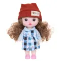Cute 9-inch vinyl doll toy with movable joints, brown knitted hat and blue plaid dress. - Blue Plaid Dress Knit Hat (ST-Q9M-005)