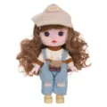 9-inch vinyl dressing doll, cute curly hair toy with lovely hat and overalls, ideal gift. - Beige Hat Striped Shirt Blue Overalls (ST-Q9M-001)