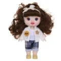 9-inch cute curly hair vinyl doll with movable joints and stylish changeable clothes set. - White Knit Cardigan Plaid Shorts (ST-Q9M-002)