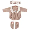 Knit doll clothes set including headband romper and socks for 18 inch dolls fashion outfit. - Light Khaki Knit Romper Set (Q18-989)