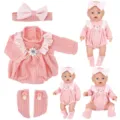Cute Pink Knitted Romper Headband and Socks Set Outfit for 43cm Baby Dolls Accessories - Pink Knit Doll Clothes Set (Q18-989-01)