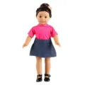 18 inch doll outfit detail showing pink t-shirt, denim skirt and black shoes for dress up. - T-Shirt Denim Outfit (Q18-185) / Pink Denim