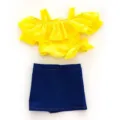 Detailed view of 18 inch doll clothes set, yellow off-shoulder top and blue denim skirt. - Yellow Off-Shoulder Top Denim Skirt Set (Q18-496)