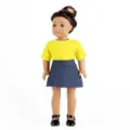Close up details of the 18 inch doll clothing set with yellow top and denim skirt item. - T-Shirt Denim Outfit (Q18-186) / Yellow Denim