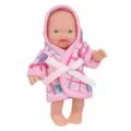 Close-up of 5.5-inch cute baby doll wearing a pink plaid hooded bathrobe with bow detail. - Pink And White Grid Bathrobe Style(ST-Q5-007C)