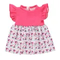 Detailed view of pink ruffle sleeveless top and colorful floral skirt for 43cm doll clothes. - Pink Ruffle Floral Dress (Q18-956) / Suitable for 43CM Dolls