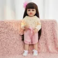 22 Inch Reborn Baby Doll Full Vinyl Simulation Lifelike Infant Toy With Cute Clothes. - Beige Knit Heart Sweater Style (Q22-005-052-01) / 55cm