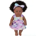 12-inch vinyl soft black doll with afro hair, purple star dress and floral headband main view. - 30CM Black Baby Doll With Headband / ST-Q12-25010 Star Flower Purple Dress Style