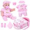 Detailed view of 30cm vinyl reborn baby doll set with cute pink dress and carrier basket. - 30CM Doll Carrier Set / Pink Style (TM-299)