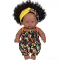 Cute 8 inch 20cm African black baby doll with curly hair and fashionable geometric outfit. - Yellow Headband Geometric Print Romper Style (ST-Q8-069C) / 20cm