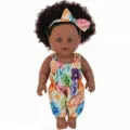 12-Inch Black Baby Doll Afro Toy with Colorful Floral Romper and Cute Headbands - 30CM Black Baby Doll With Headband / ST-Q12-25006 Tie-Dye Printed Jumpsuit Style