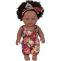 12-inch vinyl soft black baby doll with curly afro hair, floral romper and matching headband. - 30CM Black Baby Doll With Headband / ST-Q12-25007 Tie-Dye Floral Romper Style