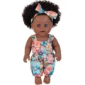 12-inch Black Baby Doll with Afro Hair Cute Floral Romper and Headband Vinyl Toy Gift - 30CM Black Baby Doll With Headband / ST-Q12-25008 Floral Shorts Romper Style