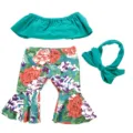 18 inch doll clothing set with off-shoulder top, floral bell-bottom pants, and cute headband. - Cyan Floral Set (Q18-299)