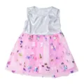 Detail view of 18 inch doll dress with sparkly silver top and pink butterfly mesh skirt. - Silver Glitter Top Pink Butterfly Mesh Skirt (Q18-940) / Clothes Only