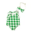 Green white houndstooth 18 inch doll romper and bow tie set for doll clothing details. - White And Green Romper (Q18-722)