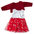 Detailed view of the 18 inch American girl doll clothes set with a red cardigan and dress. - Maroon Cardigan Red Silver Butterfly Mesh Skirt (Q18-941-02) / Clothes Only