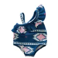 Cute 45cm doll swimsuit with geometric print and one shoulder ruffle design for summer play. - Dark Blue Ethnic Style (Q18-416) / For 18 Inch Doll