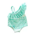 Cute 45cm American girl doll one-piece swimsuit with chic ruffle and tribal geometric print. - Light Cyan Geometric Style (Q18-418)