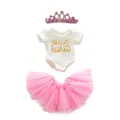 Schönes Baby Mädchen Geburtstag Outfit Set mit funkelnder Krone, Body und rosa Tütü Rock. - Rosa Buchstaben Krone Stil (Q18-379) / Weiß / 18 Zoll Puppenkleidung