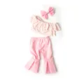 18 Inch American Girl Doll Clothes Set Off-Shoulder Ruffle Top Flare Pants Pink Bow - Pink Wave Pattern Set (Q18-161)