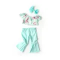 18 inch American girl doll clothes set, off shoulder top and flare pants, cute outfit. - Green Pink Floral Set (Q18-163)