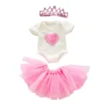 Schönes 3-teiliges Puppenkleider-Set mit pinker Krone, Herz-Bodysuit und Tüllrock. - Rosa Herz Krone Stil (Q18-378) / Rosa / 18 Zoll Puppenkleidung