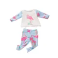 Doll clothes set long sleeve top pants pink flamingo pattern 18 inch American doll accessories - Light Blue Patchwork