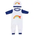 Cute 45cm doll clothes summer romper and hat set with rainbow heart print for toy dolls. - Rainbow Heart Romper Set (QD18-097) / 45cm Doll Clothes
