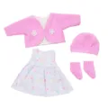 Cute pink 18-inch doll clothes set with knit cardigan, floral dress, hat and socks. - Rose Pink Cardigan Floral Dress Set