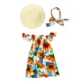 18 inch American girl doll clothes set with straw hat, floral headband and sunflower dress. - Sunflower Off-Shoulder Style / 18-inch Doll Clothes