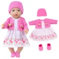 18 inch baby doll clothes set with pink knit hat cardigan dress and shoes for doll toy. - Rose Cardigan Pink Stripe Floral Dress (QD18-778)