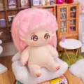 20cm unattributierte Plüsch Baumwollpuppe nackte Puppe mit flauschigem rosa Haar und Gesicht. - Duo Duo (Rosa flauschig ohne Ohren)