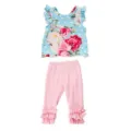 Completo abbigliamento per bambola da 18 pollici, top floreale blu e pantaloni rosa. - Stile Pantaloni con Volant Grande Fiore Rosa Rosso (Q18-513)
