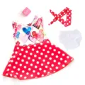 Close-up detail of the 18-inch doll outfit set featuring a heart dress and red polka dot accessories. - Heart Patchwork Red Polka Dot Dress Set (Q18-688C) / Clothes Only