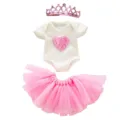 Detailed view of 18 inch doll clothing set featuring pink tutu skirt and rose onesie. - Pink Rose White Top Pink Tutu Set (Q18-378) / Clothes Only
