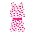 Detailed view of 18 inch doll clothing set, white top and pink heart pattern shorts. - Pink Heart Vest Shorts Set (Q18-675) / Clothes Only