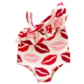 Doll Swimsuit 18 Inch American Girl Clothes Valentine Lips Print Ruffle One-Piece - White Pink Red Lip Print Ruffle Swimsuit (Q18-410) / Clothes Only