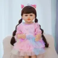 22-inch reborn baby doll variant, pink and blue layered princess dress with cat ear hairband. - Pink Blue Tiered Princess Dress Style (Q22-005-051) / 55cm