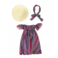 18 Inch Doll Clothes Set Striped Off-Shoulder Dress Hairband Straw Hat Variant - Red Blue Green Vertical Striped Style / 18-inch Doll Clothes