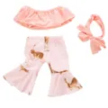 Pink 18-inch doll clothes set with off-shoulder top, rabbit print bell-bottoms and cute bow headband. - Pink Rabbit Set (Q18-297)